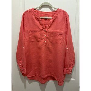 Talbots 100% Linen XL Popover Top Somerset Peach Long Sleeve Roll Tab